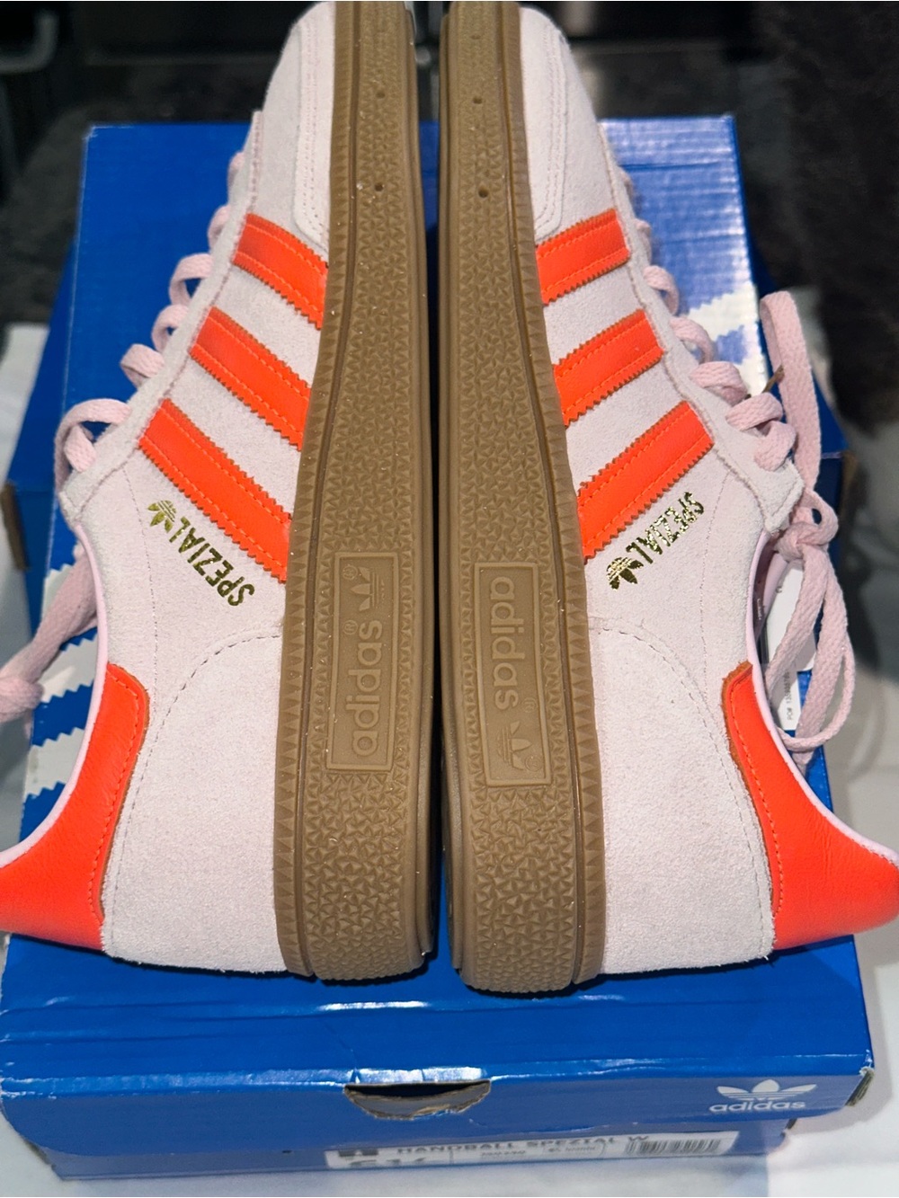 adidas Women’s Suede Sneakers in Light Pink with Bright Orange Stripes - Picture 4 of 6